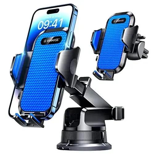 VANMASS [Pro Version] Universal Car Phone Mount [Super Suction Cup] Dashboard Phone Holder, Handsfree Windshield Dash Vent Phone Holder Car, Compatible for iPhone 15 14 13 12 Samsung LG & Truck, Blue 