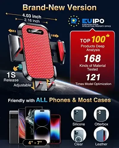VANMASS [Pro Version] Universal Car Phone Mount [Super Suction Cup] Dashboard Phone Holder, Handsfree Windshield Dash Vent Phone Holder Car, Compatible for iPhone 15 14 13 12 Samsung LG & Truck, Red - 4
