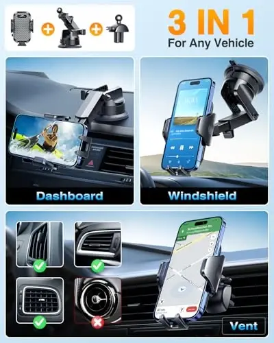 VANMASS [Pro Versiya] Universal Avtomobil Telefon Ulagichi [Super So'rish Stakan] Dashboard Telefon Ulagichi, Qo'llar Erkin Oldingi Shamol Shisha Dash Vent Telefon Ulagichi Avtomobil, iPhone 15 14 13 12 Samsung LG & Yuk Mashinasi uchun Mos, Kulrang - 3