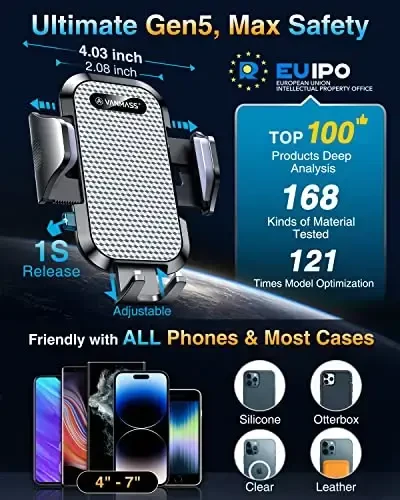 VANMASS [True Military-Grade] Car Phone Holder [Best Suction & Clip] Cell Phone Mount for Dashboard Windshield Vent Truck Cradle Dash Stand for iPhone 15 Pro Max 14 13 12 Android, White - 5