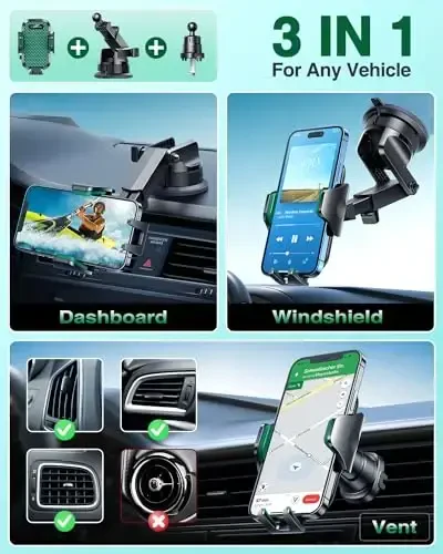 VANMASS [True Military-Grade] Car Phone Holder [Strongest Suction & Clip] Cell Phone Mount for Dashboard Windshield Vent Truck Accessories Cradle Dash Stand for iPhone 15 14 13 12 Android,Green - 3