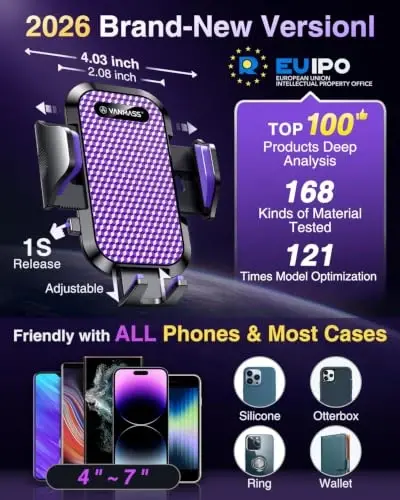 VANMASS [True Military-Grade] Car Phone Holder [Upgraded Suction & Clip] Cell Phone Mount for Dashboard Windshield Vent Truck Cradle Dash Stand for iPhone 16 Pro Max 15 14 13 12 Android, Purple - 2