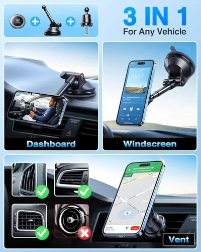 VANMASS Ultra Magnetic Car Phone Holder [2024 Strongest Magnets] for MagSafe Car Mount Suction Cellphone Stand for Dashboard Windshield Vent, Dash Mobile Accessories for iPhone 15 14 13 12 11 Android - VANMASS