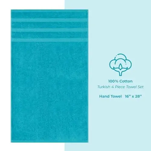 Vanna xonasi uchun American Soft Linen hashamatli qo'l sochiqlari, 600 GSM og'ir vazn 16x28 o'lcham 100% paxta Turk 4 qismli qo'l va yuz sochiq to'plami, Firouza ko'k qo'l sochiqlari - 4