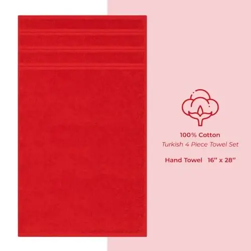 Vanna xonasi uchun American Soft Linen hashamatli qo'l sochiqlari, 600 GSM og'ir vaznli 16x28 o'lchamli 100% paxtali Turk 4 qismli qo'l va yuz sochiq to'plami, Qizil qo'l sochiqlari - 4