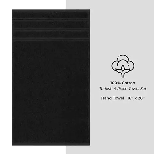 Vanna xonasi uchun American Soft Linen hashamatli qo'l sochiqlari, 600 GSM og'ir vaznli 16x28 o'lchamli 100% paxtali Turkcha 4 qismli qo'l va yuz sochiq to'plami, qora qo'l sochiqlari - 4