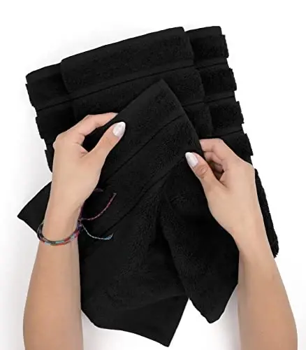 Vanna xonasi uchun American Soft Linen hashamatli qo'l sochiqlari, 600 GSM og'ir vaznli 16x28 o'lchamli 100% paxtali Turkcha 4 qismli qo'l va yuz sochiq to'plami, qora qo'l sochiqlari - 5