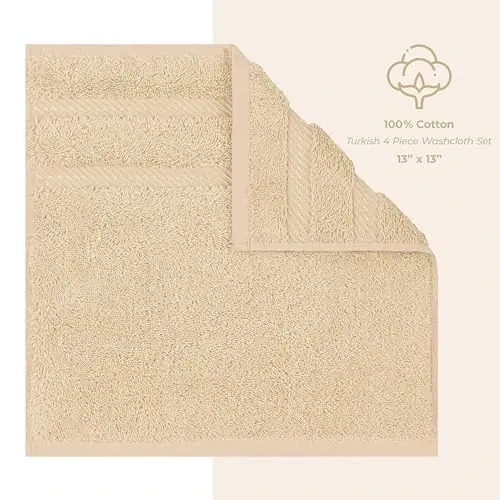 Vanna xonasi uchun American Soft Linen hashamatli yuz sochiqlari, 600 GSM 100% Paxta 4 qismli Turk yuz sochiq to‘plami, Tana va yuz uchun 13x13 dyuymli yumshoq sochiqlar, Bej rangli sochiqlar - 4
