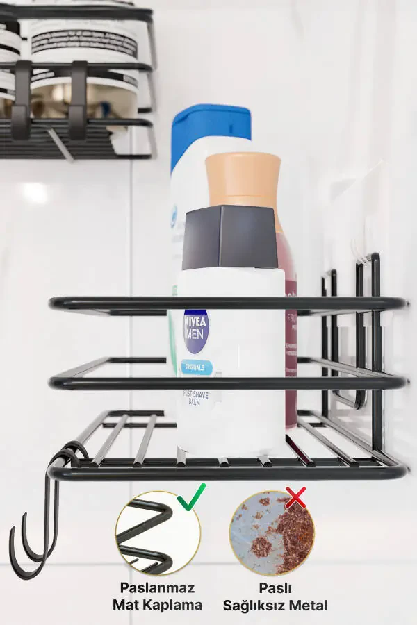 Ваннахона тартибловчи шампунлик, совунлик 1 дона Люкс металл ёпиштиргичли 2 илмоқли душ рафи органайзери - 4