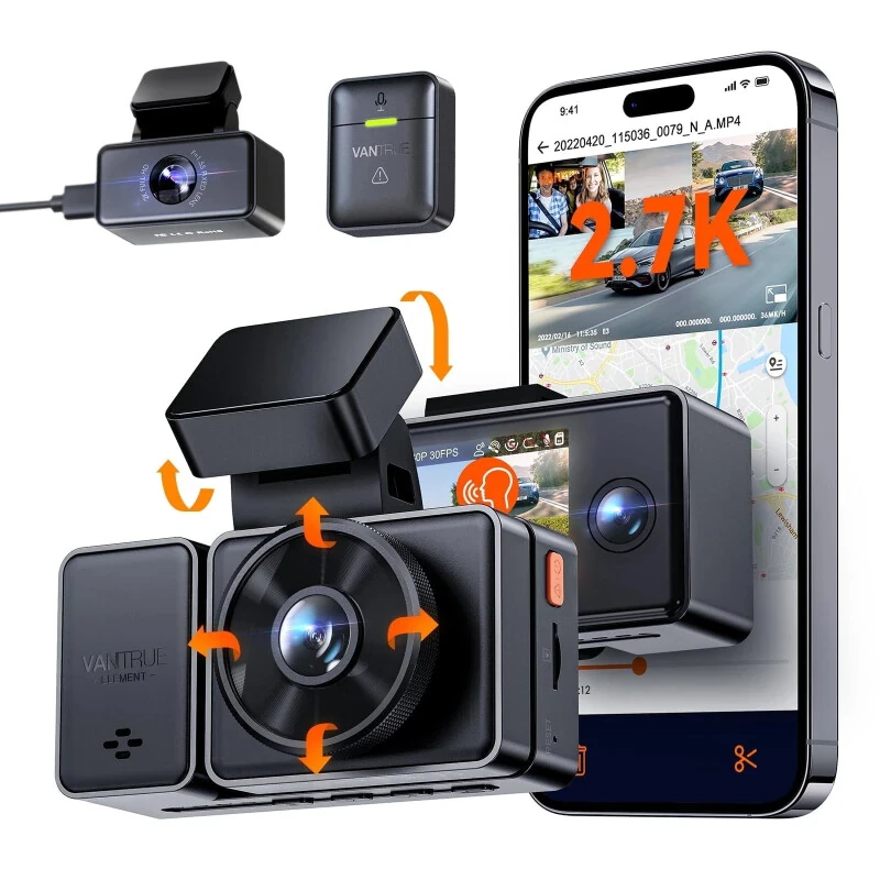 Vantrue 3 Channel 2.7K WiFi Dash Cam Front and Rear Inside, GPS Dash Camera 1944P+1080P+1080P with STARVIS IR Night Vision, Voice Control, 24 Hours Parking Mode, Support 512GB Max(Element 3) - VANTRUE