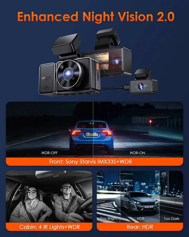 Vantrue 3 Channel 2.7K WiFi Dash Cam Front and Rear Inside, GPS Dash Camera 1944P+1080P+1080P with STARVIS IR Night Vision, Voice Control, 24 Hours Parking Mode, Support 512GB Max(Element 3) - 3
