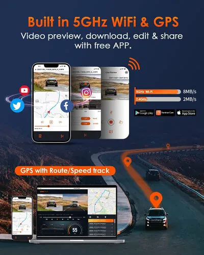 Vantrue 3 Kanal 2.7K WiFi Dash Kamera Oldin va Orqa Ichki, GPS Dash Kamera 1944P+1080P+1080P STARVIS IR Kechasi Ko'rish, Ovozli Boshqaruv, 24 Soatlik To'xtash Rejimi, 512GB gacha qo'llab-quvvatlaydi (Element 3) - 4