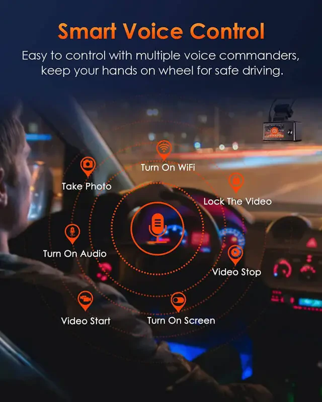 Vantrue 3 Kanal 2.7K WiFi Dash Kamera Oldin va Orqa Ichki, GPS Dash Kamera 1944P+1080P+1080P STARVIS IR Kechasi Ko'rish, Ovozli Boshqaruv, 24 Soatlik To'xtash Rejimi, 512GB gacha qo'llab-quvvatlaydi (Element 3) - 5
