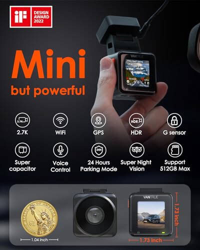 Vantrue E1 2.7K WiFi Mini Dash Cam, Автомобильный видеорегистратор с голосовым управлением, GPS&Скорость, Суперночная съемка, Беспроводной контроллер&Приложение, Режим парковки 24 часа, Буферное обнаружение движения, Поддержка до 512 ГБ - 2