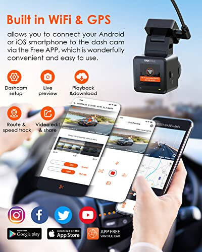 Vantrue E1 2.7K WiFi Mini Dash Cam, Ovozli boshqarishli oldingi avtomobil dash kamerasi, GPS&Tezlik, Super tungi ko'rish, Simsiz boshqarish qurilmasi&Ilovalar, 24 soatlik to'xtash rejimi, Buferli harakatni aniqlash, Maksimal 512GB qo'llab-quvvatlash - 4