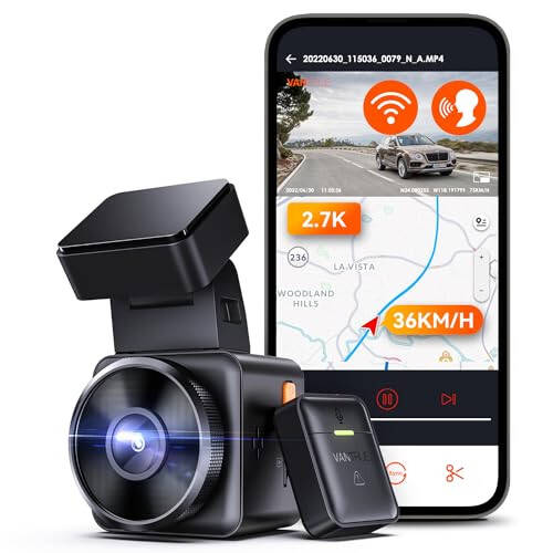 Vantrue E1 2.7K WiFi Mini Dash Cam, Sesli Kontrol Ön Araç Dash Kamerası GPS&Hızlılık, Süper Gece Görüşü, Kablosuz Kontrol Cihazı&Uygulama, 24 Saat Park Modu, Tamponlu Hareket Algılama, Maksimum 512GB Desteği - 1