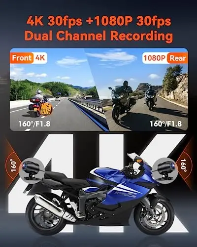 Vantrue F1 Motorcycle 4K Front and Rear Dash Cam, 4K + 1080P Motorcycle Camera, GPS, Full Body Waterproof, Wi-Fi, 160°Wide Angle, Starvis Night Vision, G-Sensor, Parking Mode, Support 512GB Max - 4