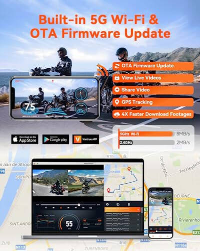 Vantrue F1 Motosiklet 4K Ön ve Arka Dash Cam, 4K + 1080P Motosiklet Kamerası, GPS, Tam Gövde Su Geçirmez, Wi-Fi, 160° Geniş Açı, Starvis Gece Görüşü, G-Sensör, Park Modu, Maksimum 512GB Destek - 4