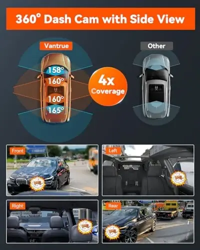 Vantrue N5 4 Channel WiFi 360° All Sides Dash Cam, STARVIS 2 IR Night Vision, 2.7K+1080P*3 Front Rear Inside Dashcam, Voice Control, GPS, 24 Hours Buffered Parking Mode Dash Camera, Support 512GB Max - 2