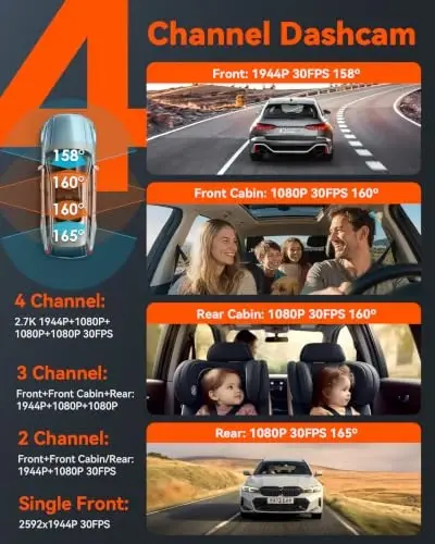 Vantrue N5 4 Channel WiFi 360° All Sides Dash Cam, STARVIS 2 IR Night Vision, 2.7K+1080P*3 Front Rear Inside Dashcam, Voice Control, GPS, 24 Hours Buffered Parking Mode Dash Camera, Support 512GB Max - VANTRUE