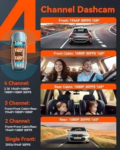 Vantrue N5 4 Kanal WiFi 360° Barcha Tomonlar Dash Cam, STARVIS 2 IR Kechasi Ko'rish, 2.7K+1080P*3 Oldingi Orqa Ichki Dashcam, Ovozli Boshqarish, GPS, 24 Soat Buferli To'xtash Rejimi Dash Kamera, 512GB gacha Qo'llab-quvvatlash - 1