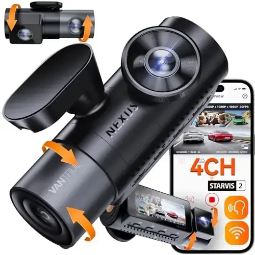 Vantrue N5 4 Channel WiFi 360° All Sides Dash Cam, STARVIS 2, IR Night Vision, 2.7K+1080P*3 Front Rear Inside Dashcam, Voice Control, GPS, 24 Hours Buffered Parking Mode Dash Camera, 512GB Max (N5) - 4