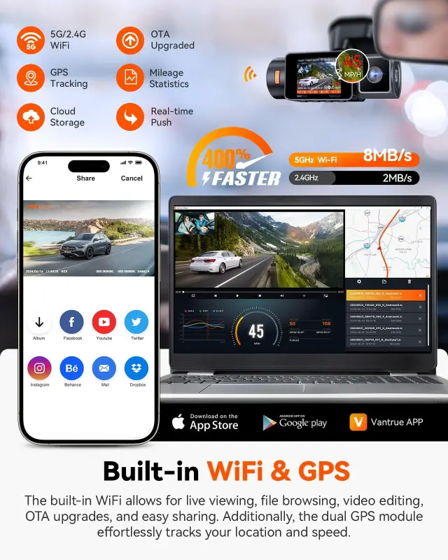 Vantrue 2.7K Uber Dash Cam, 5G WiFi Dual Dash Cam Front and Cabin Camera with HDR IR Night Vision, STARVIS 2, GPS, 2.5K/60FPS, G-Sensor, 24/7 Parking Mode, Voice Control, Support 512GB Max - 3