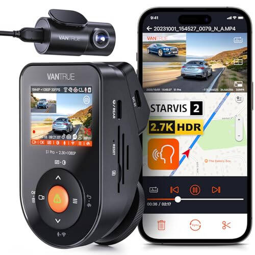 Vantrue S1 Pro 2.7K Oldin va Orqa 5G Wi-Fi Ikkita Dash Cam, STARVIS 2 HDR Tungi Ko'rish, LTE Yordami, 1440P 60FPS Yashirin Avtomobil Kamerasi, GPS, Ovozli Boshqarish, 24/7 To'xtash Rejimi, Maksimal 512GB Qo'llab-quvvatlash - 1