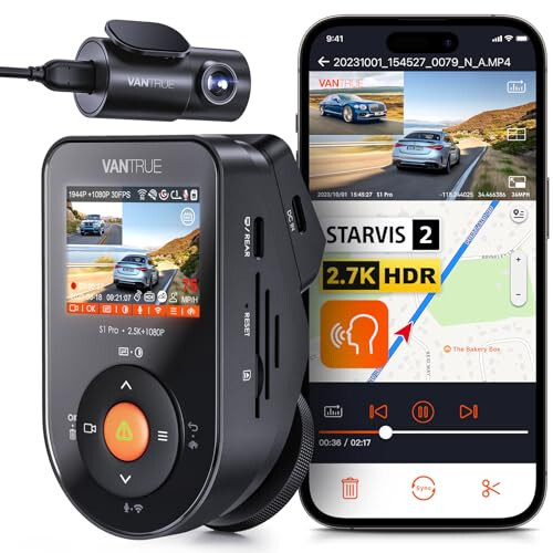 Vantrue S1 Pro 2.7K Ön ve Arka 5G WiFi Çift Dash Cam, STARVIS 2 HDR Gece Görüşü, LTE Desteği, 1440P 60FPS Gizli Araç Dash Kamerası, GPS, Sesli Kontrol, 7/24 Park Modu, Maksimum 512GB Desteği - 1