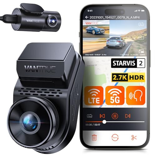 Vantrue S1 Pro 2.7K Ön ve Arka 5G WiFi Çift Dash Cam, STARVIS 2 HDR Gece Görüşü, LTE Desteği, 1440P 60FPS Gizli Araç Dash Kamerası, GPS, Sesli Kontrol, 7/24 Park Modu, Maksimum 512GB Desteği - 1