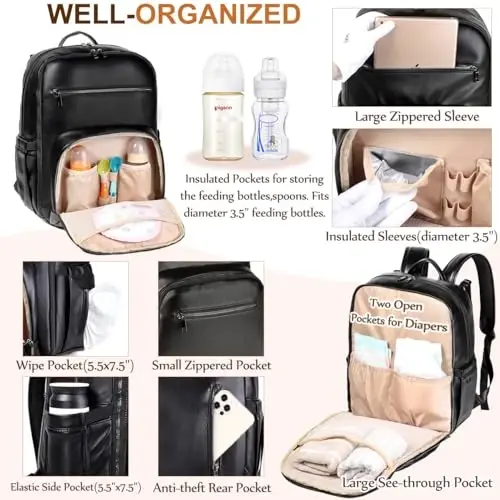 VASCHY Diaper Bag Backpack for Mum Dad, Unisex Large Waterproof Vegan Leather Baby Bag with Changing Pad,Insulated Pockets,Padded Laptop Sleeve for Travel,Black - 4
