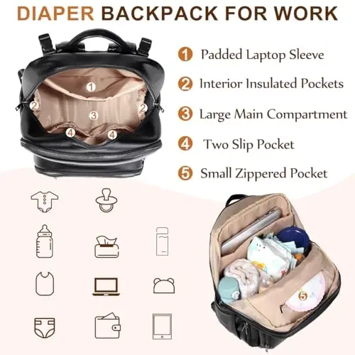 VASCHY Diaper Bag Backpack for Mum Dad, Unisex Large Waterproof Vegan Leather Baby Bag with Changing Pad,Insulated Pockets,Padded Laptop Sleeve for Travel,Black - 5
