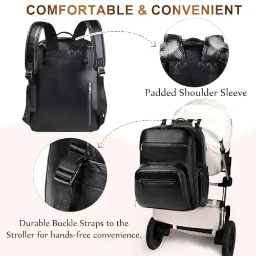 VASCHY Diaper Bag Backpack for Mum Dad, Unisex Large Waterproof Vegan Leather Baby Bag with Changing Pad,Insulated Pockets,Padded Laptop Sleeve for Travel,Black - 6