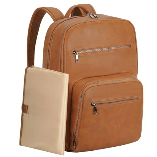 VASCHY Diaper Bag Backpack for Mum Dad, Unisex Large Waterproof Vegan Leather Baby Bag with Changing Pad, Insulated Pockets, Padded Laptop Sleeve for Travel, Brown - VASCHY (1)