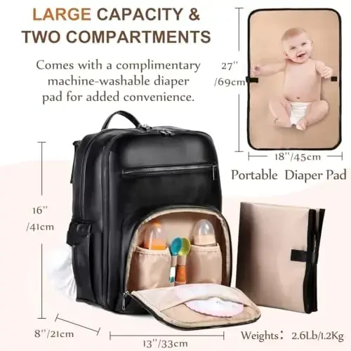 VASCHY Diaper Bag Backpack for Mum Dad, Unisex Large Waterproof Vegan Leather Baby Bag with Changing Pad,Insulated Pockets,Padded Laptop Sleeve for Travel,Black - VASCHY (1)