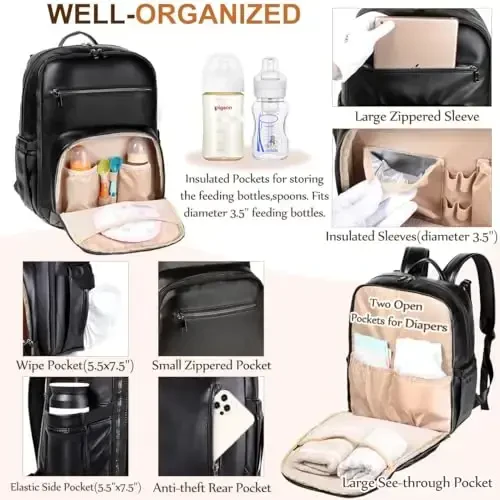 VASCHY Diaper Bag Backpack for Mum Dad, Unisex Large Waterproof Vegan Leather Baby Bag with Changing Pad,Insulated Pockets,Padded Laptop Sleeve for Travel,Black - 4