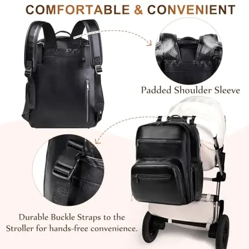 VASCHY Diaper Bag Backpack for Mum Dad, Unisex Large Waterproof Vegan Leather Baby Bag with Changing Pad,Insulated Pockets,Padded Laptop Sleeve for Travel,Black - 6