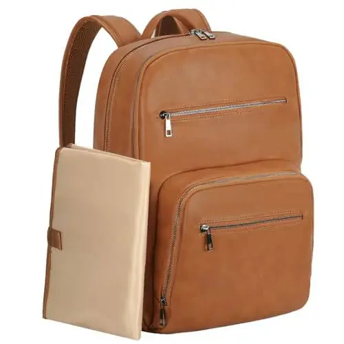 VASCHY Onalar va Dadalar uchun bolalar bezi sumkasi orqa sumkasi, Unisex katta suv o'tkazmaydigan vegan teri bola sumkasi, almashtirish yostig'i, izolyatsiya qilingan cho'ntaklar, sayohat uchun yostiqli noutbuk qobig'i, jigarrang - 2