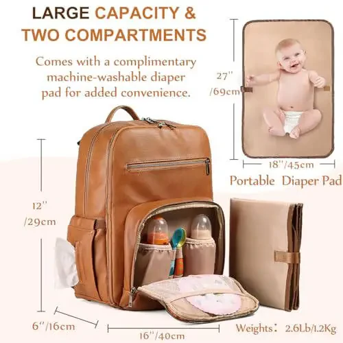 VASCHY Onalar va Dadalar uchun bolalar bezi sumkasi orqa sumkasi, Unisex katta suv o'tkazmaydigan vegan teri bola sumkasi, almashtirish yostig'i, izolyatsiya qilingan cho'ntaklar, sayohat uchun yostiqli noutbuk qobig'i, jigarrang - 3