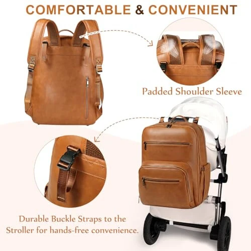 VASCHY Onalar va Dadalar uchun bolalar bezi sumkasi orqa sumkasi, Unisex katta suv o'tkazmaydigan vegan teri bola sumkasi, almashtirish yostig'i, izolyatsiya qilingan cho'ntaklar, sayohat uchun yostiqli noutbuk qobig'i, jigarrang - 7