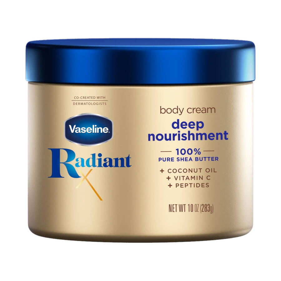 Vaseline Radiant X Chuqur parvarishlash Toza yog'i terisi uchun sof sho'r yog'i tanadagi kremi, Hindiston yong'og'i, 283 gr - 9