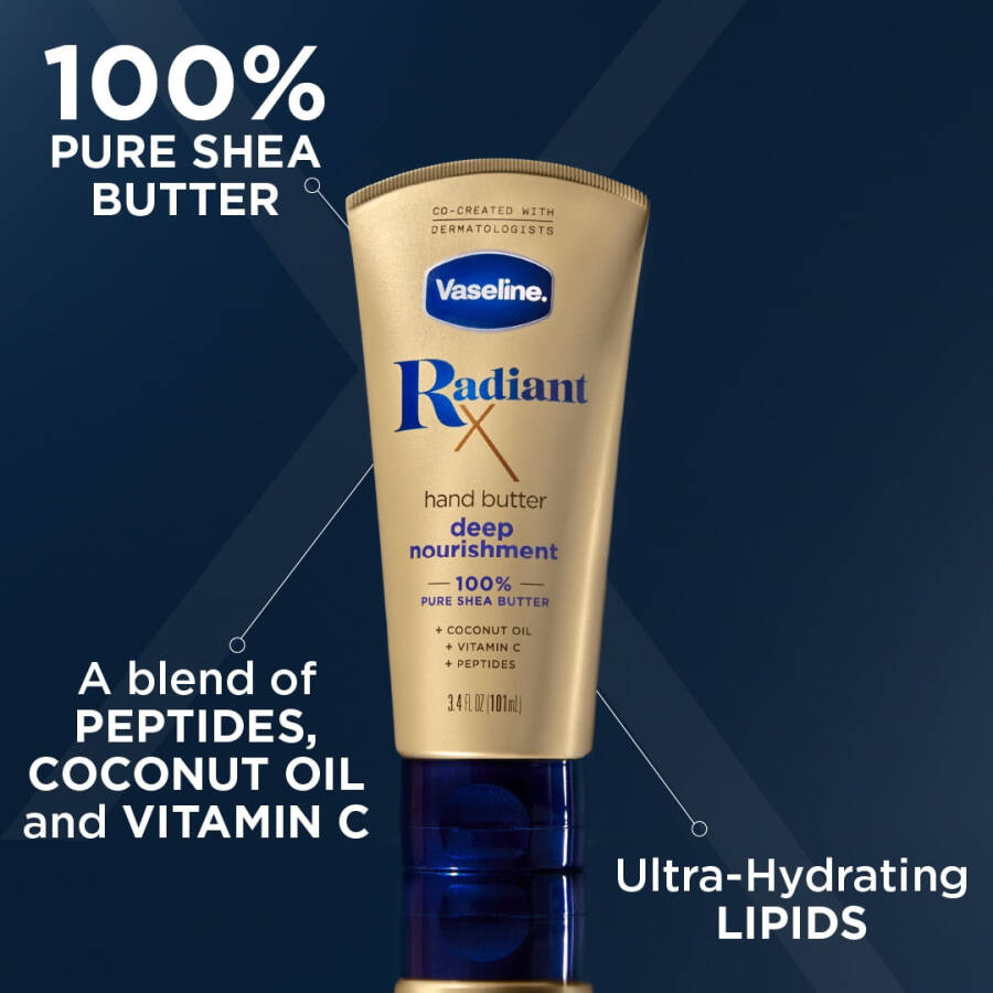 Vaseline Radiant X Deep Nourish Modazoneent Ayollar qo'l kreami 100% toza Shea yog'i Quru teri, 3,4 untsiya - 2