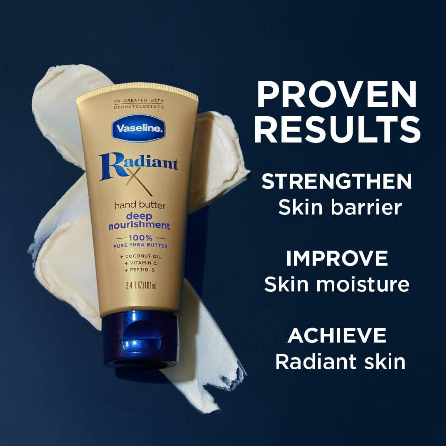 Vaseline Radiant X Deep Nourish Modazoneent Ayollar qo'l kreami 100% toza Shea yog'i Quru teri, 3,4 untsiya - 6