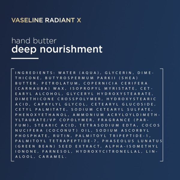 Vaseline Radiant X Deep Nourish Modazoneent Ayollar qo'l kreami 100% toza Shea yog'i Quru teri, 3,4 untsiya - 8