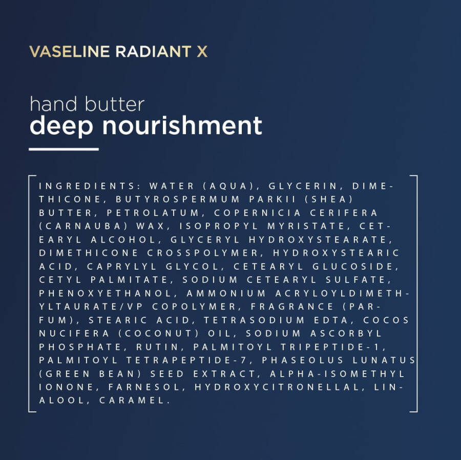 Vaseline Radiant X Deep Nourish Modazoneent Ayollar qo'l kreami 100% toza Shea yog'i Quru teri, 3,4 untsiya - 8