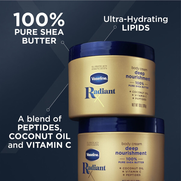 Vaseline Radiant X Deep Nourishment Pure Shea Butter Body Cream for Dry Skin, Coconut, 10 oz - 10