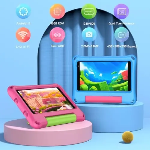 VASOUN Kids Tablet 7 Inch Tablet for Toddlers, Android 13 32GB RAM with WiFi Dual Camera, Parental Control,Bluetooth, Kid-Proof with Case for Boys Girls (Pink) - 1