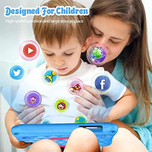 VASOUN Çocuk Tablet 7 İnç Tablet, Çocuklar için Android 13 32GB RAM WiFi Çift Kamera, Ebeveyn Kontrolü, Bluetooth, Erkek Kız Çocuklar için Kılıflı Çocuk Korumalı (Mavi) - 1