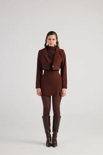 Vatkalı Atlas Kumaş Crop Model Panky Ceket Kahverengi-Kahverengi - 3