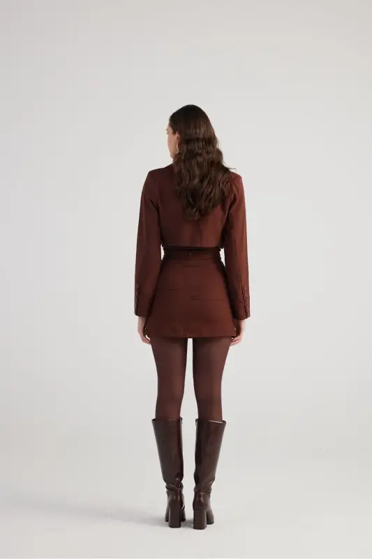 Vatkalı Atlas Kumaş Crop Model Panky Ceket Kahverengi-Kahverengi - 4